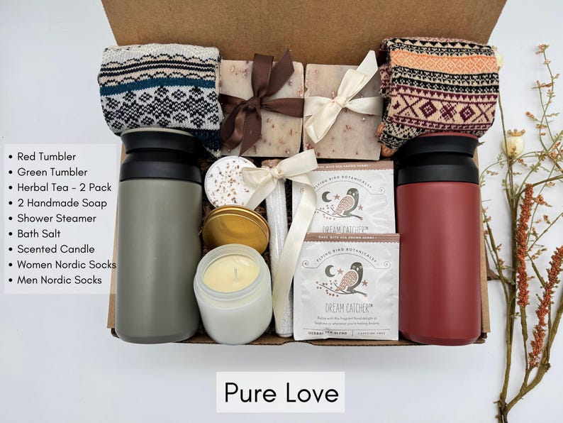 Pure Love gift box with tumbler, gourmet tea and treats in a kraft box, a cozy thank you gift for tea loving homeowners