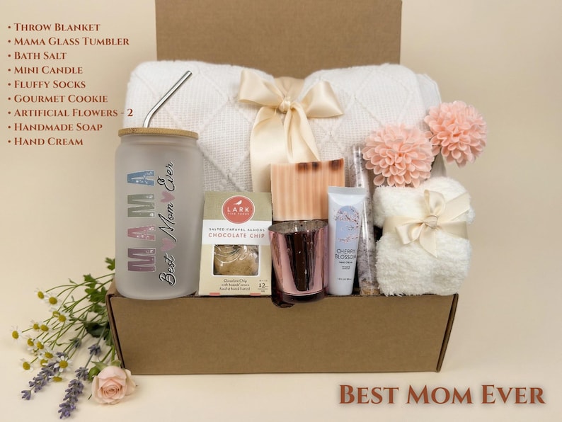 Premium "Best Mom Ever" Gift Basket including a cozy throw blanket, glass tumbler, and relaxation items in a curated gift box.