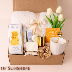 Cup of Sunshine after surgery gift box for her with cozy throw blanket, tea mug, handmade soap, bath salt, candle, lemon shortbread cookies, tulips and self care spa gifts in kraft box perfect get well soon present for women