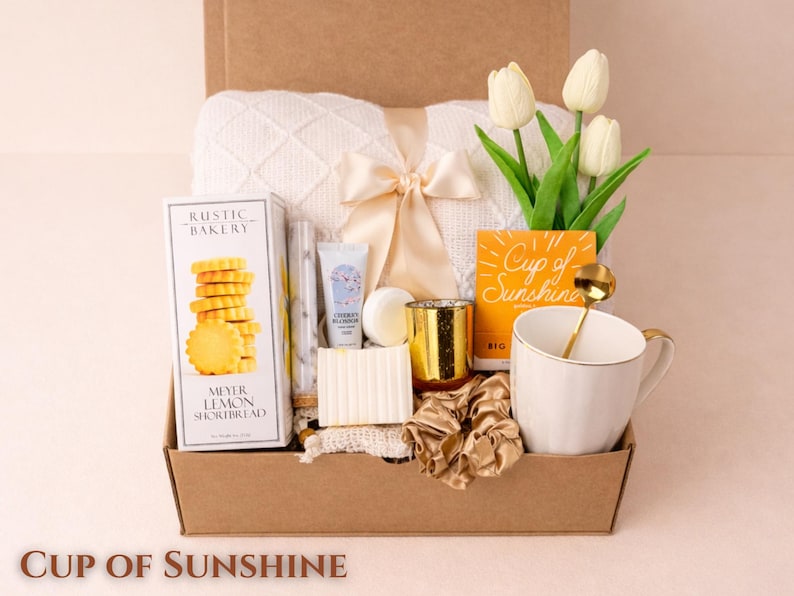 Cup of Sunshine after surgery gift box for her with cozy throw blanket, tea mug, handmade soap, bath salt, candle, lemon shortbread cookies, tulips and self care spa gifts in kraft box perfect get well soon present for women