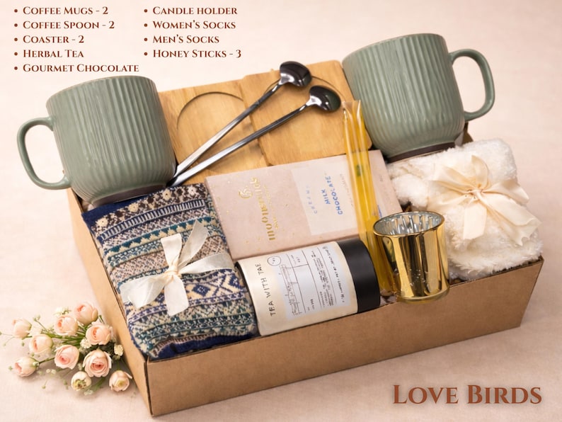 Love Birds gift box with romantic tones, cozy blanket and matching items in a kraft box, a meaningful housewarming gift for couples