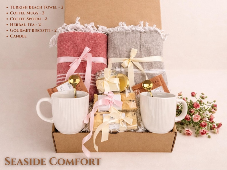 Seaside Comfort gift box with calming neutral and coastal tones, blanket, candle and spa items in a kraft box for relaxation