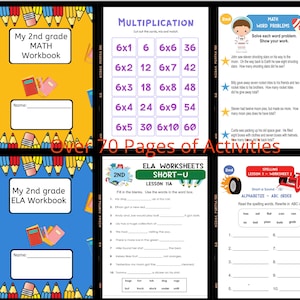 Second Grade Math and Language Arts (ELA) Workbook.  Digital Download. Summer Workbook. Homeschooling. 2nd grade workbook