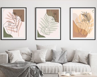 Boho silhouet set van 3 digitale download. Gedempte kleuren, boho-decor. Vrouwen met prints.
