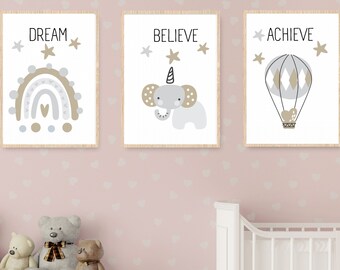 Kunstprints olifantenkwekerij: Dream Believe Achieve (digitale download)