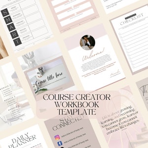 Pode incluir: Um modelo de caderno digital rosa e branco para criadores de cursos. O modelo inclui uma página de boas-vindas, uma lista de verificação, um planejador diário, uma folha de trabalho SMART Goals e uma seção de módulo. O texto "Modelo de caderno de criação de cursos" está em uma fonte grande e em negrito. O texto "Mantenha-se conectado" está em uma fonte menor abaixo do título. O modelo foi projetado para ajudar os criadores de cursos a organizar seu conteúdo e manter contato com seus alunos.