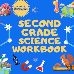 Peut inclure: Une couverture de cahier d'exercices bleu et jaune avec le texte "Second Grade Science Workbook" et des illustrations d'un microscope, d'un aimant, d'une éprouvette, d'un écureuil, d'un papillon, d'une vague, d'un thermomètre et d'un nuage.
