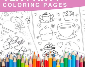 Kleurplaten Tea Party: cupcakes, harten, theekopjes (digitale download)
