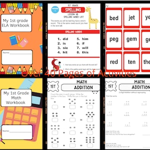 First Grade Math and Language Arts (ELA) Worksheet bundle.  Digital Download. 1st grade Worksheets. Homeschooling.