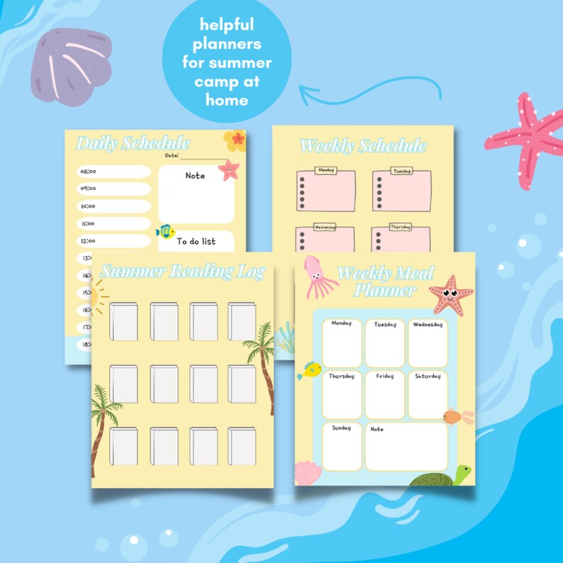 K&ouml;nnte beinhalten: Vier druckbare Sommercamp-Planerseiten mit Strandthema. Die Seiten beinhalten einen Tagesplan, einen Wochenplan, ein Sommerleselogbuch und einen Wochenmen&uuml;planer. Die Seiten sind mit Seesternen, Muscheln, Palmen, Fischen und einem Oktopus verziert.