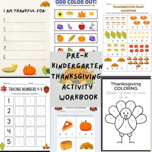 May include: A Thanksgiving activity workbook for preschool and kindergarten children. The workbook includes activities such as tracing numbers, counting, coloring, and phonics. The cover features a colorful illustration of a turkey.
