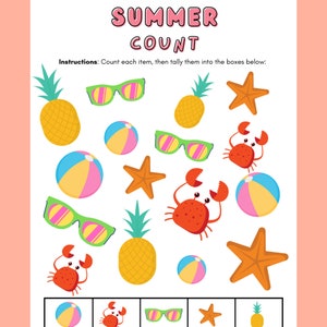 K&ouml;nnte beinhalten: Ein ausdruckbares Arbeitsblatt f&uuml;r eine Z&auml;hl&uuml;bung zum Thema Sommer mit bunten Illustrationen von Ananas, Sonnenbrillen, Strandb&auml;llen, Krabben und Seesternen. Anweisungen: Z&auml;hlen Sie jeden Gegenstand und tragen Sie ihn dann in die K&auml;stchen unten ein.