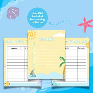 K&ouml;nnte beinhalten: Drei druckbare Checklisten mit einem Sommerthema. Die Checklisten sind mit "Screen Time Challenge", "Checklist" und "Summer Bucket List" betitelt. Die Checklisten sind mit einer Sonne, einer Palme, einem Segelboot und anderen sommerlichen Illustrationen verziert.