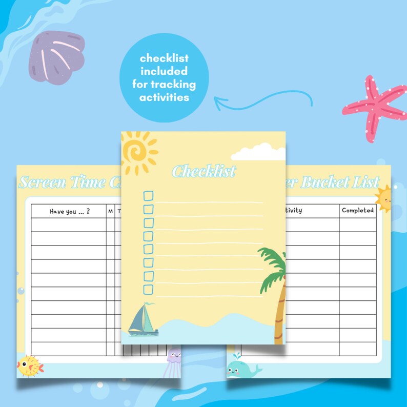 K&ouml;nnte beinhalten: Drei druckbare Checklisten mit einem Sommerthema. Die Checklisten sind mit "Screen Time Challenge", "Checklist" und "Summer Bucket List" betitelt. Die Checklisten sind mit einer Sonne, einer Palme, einem Segelboot und anderen sommerlichen Illustrationen verziert.