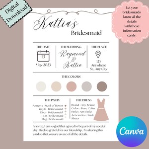 May include: A bridesmaid information card with a pink, white and grey colour scheme. The card includes the date, wedding details, location and dress code. The text reads "Kattia's Bridesmaid".