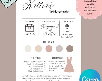 Sjabloon informatiekaart bruidsmeisje: trouwbriefpapier (digitale download)