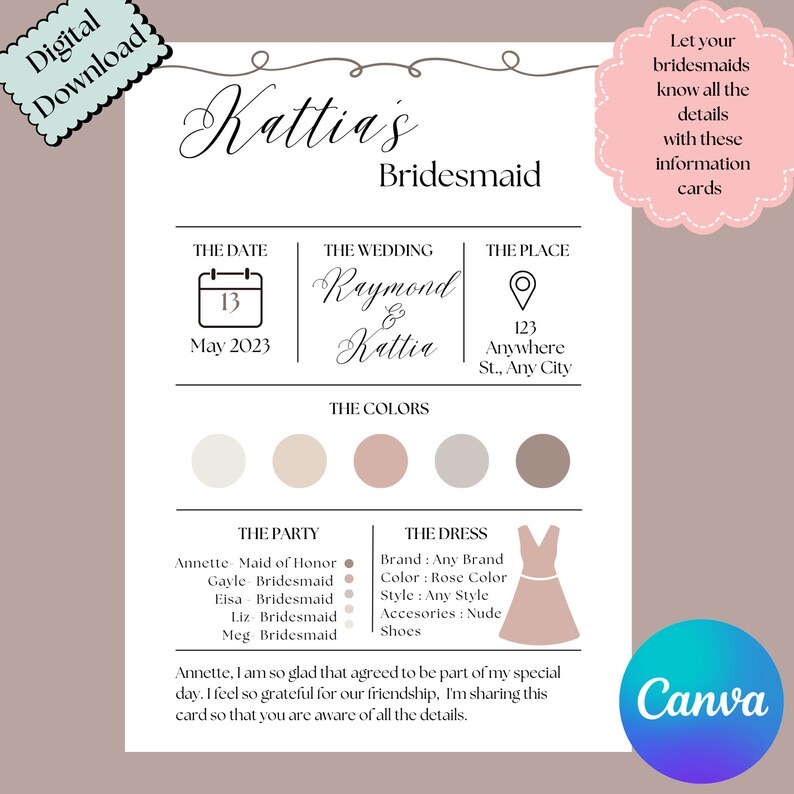 May include: A bridesmaid information card with a pink, white and grey colour scheme. The card includes the date, wedding details, location and dress code. The text reads "Kattia's Bridesmaid".