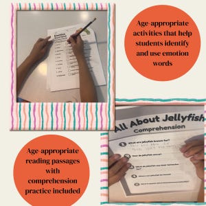 May include: A student is completing a worksheet titled "Emotion Word Match" with a pencil. The image also shows a reading comprehension worksheet titled "All About Jellyfish". The image is framed with a colourful border and includes text about age-appropriate activities.