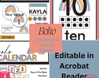 Bundel boho-klasdecoratie: bewerkbare neutrale tinten (digitale download)