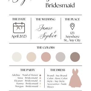 May include: A bridesmaid invitation card featuring a calendar icon, the date "April 30, 2023", the names "Jamie & Sophia", a location icon, and the text "123 Anywhere St., Any City". The card also includes a colour palette with five circles in different shades of beige, pink, and grey.