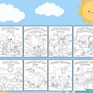 K&ouml;nnte beinhalten: Schwarz-wei&szlig;-Malvorlagen mit verschiedenen Sommer- und Meeresthemen. Die Seiten zeigen einen Oktopus, einen Tintenfisch, eine Meerjungfrau, einen Fisch, eine Strandszene, ein Narwal, einen Delfin und einen Flamingo.