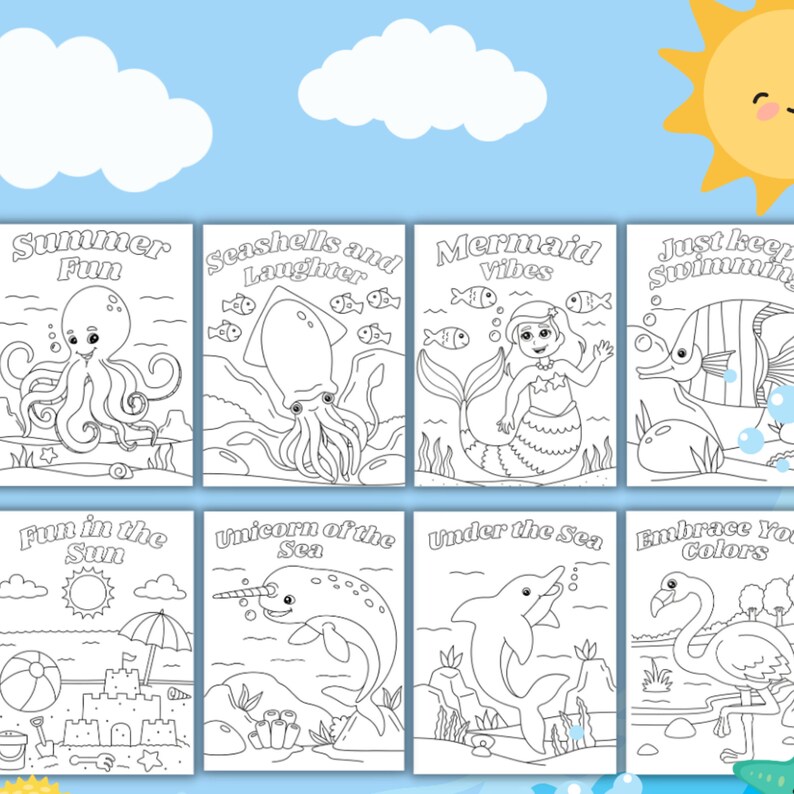 K&ouml;nnte beinhalten: Schwarz-wei&szlig;-Malvorlagen mit verschiedenen Sommer- und Meeresthemen. Die Seiten zeigen einen Oktopus, einen Tintenfisch, eine Meerjungfrau, einen Fisch, eine Strandszene, ein Narwal, einen Delfin und einen Flamingo.