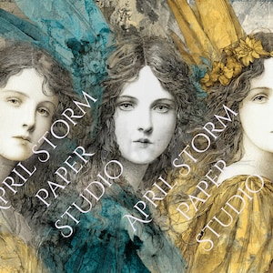 May include: A vintage-style print featuring three women with long hair and serene expressions. The artwork has a soft color palette with touches of gold, teal, and cream. The text "APRIL STORM PAPER STUDIO" is overlaid on the image.