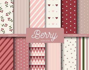12 Berry Seamless Digital Papers, Berry Scrapbook Paper, Berry Backgrounds, Commercial Use Digital Paper, Boho Patterns, Very Berry Designs