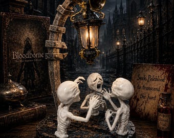 May include: A decorative lamp featuring a curved post and a hanging lantern, illuminated by a warm light. Three pale, skeletal figures with elongated heads and thin limbs are positioned on a dark, textured circular base beneath the lantern.