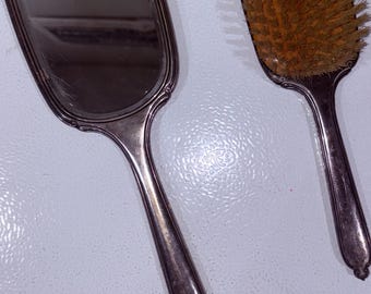 Antique art Nouveau 1920s  Sterling silver  Marked Handheld Mirror & brush 433 grams No Monogram