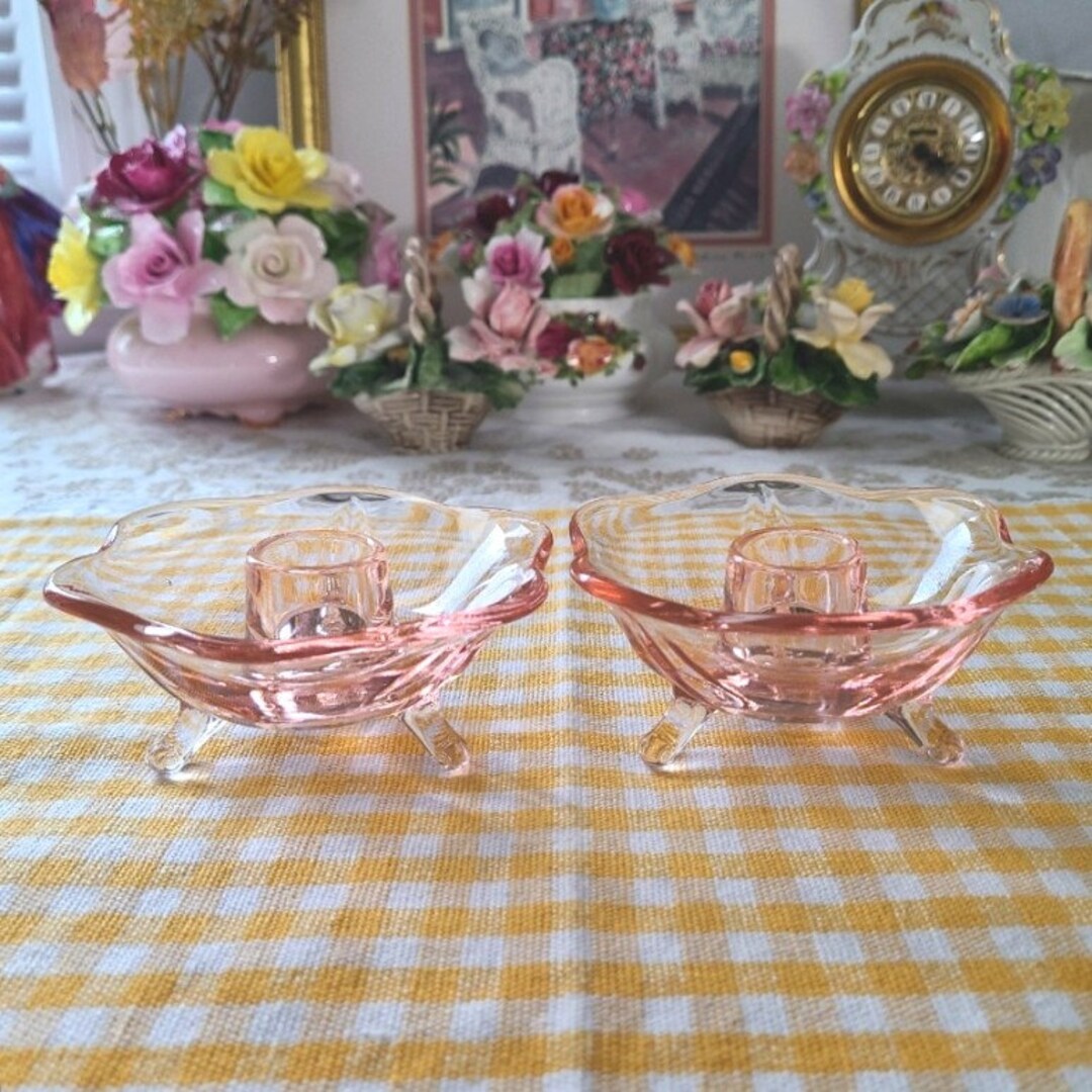 Vintage Pink Glass Candlestick Holders Set of 2 Etsy