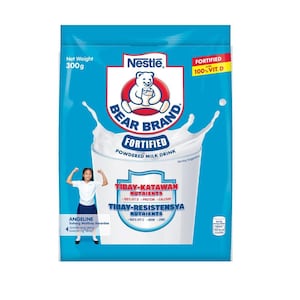May include: A blue and red pouch of Nestle Bear Brand Fortified powdered milk drink. The pouch features a cartoon bear logo and the text "TIBAY-KATAWAN NUTRIENTS" and "TIBAY-RESISTENSYA NUTRIENTS".