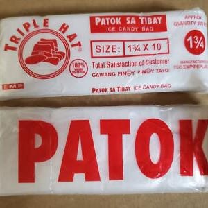 May include: Two packs of clear plastic ice candy bags. The top pack features red text and graphics, including the brand name Triple Hat, the text Patok Sa Tibay, and the size 1 3/4 x 10. The bottom pack displays the large red word Patok.