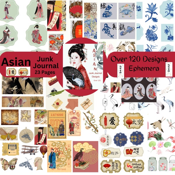 Junk Journal Ephemera, Asian Oriental Design Pack, Ultimate Asian Design Elements, Ephemera Pack,Digital,Instant Download,Vintage Asian Kit,