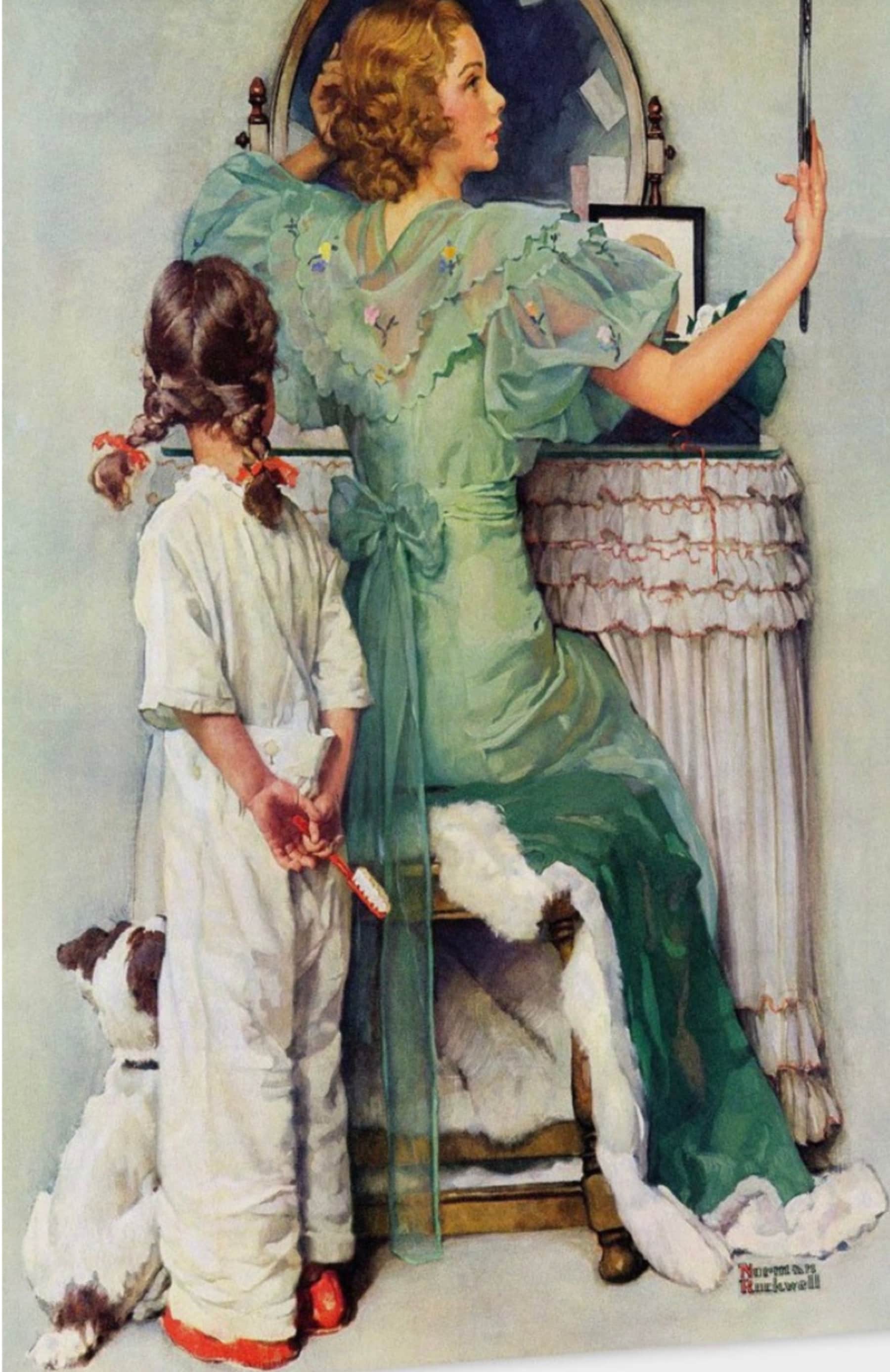 Vintage Art Print , Norman Rockwell/mom and Me/ Makeup Vanity Mirror/my ...