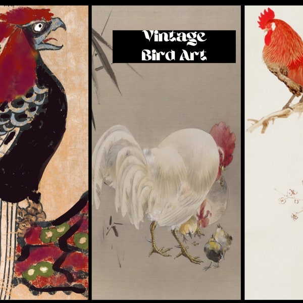 Vintage Bird Art, Japanese Watercolor Style, eagle art, Rooster Art,Rooster wall art,rooster art print,rooster kitchen art,Vintage wall art,
