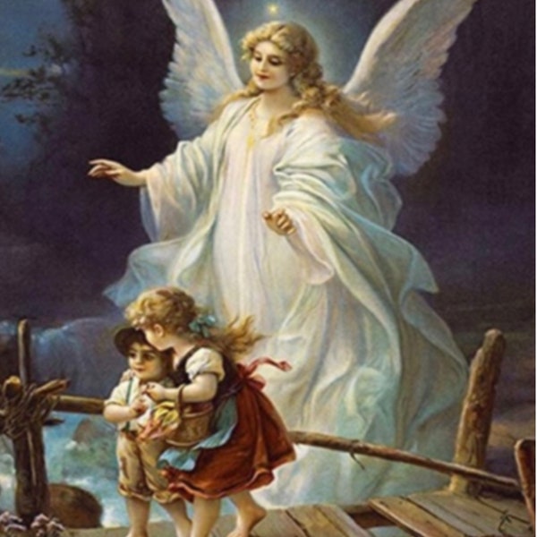 Vintage Guardian Angel,Art Print by Lindberg Heilige SchutzengelHoly Guardian Angel,Angel Painting Original,Angel Home Decor,Angel Downloads