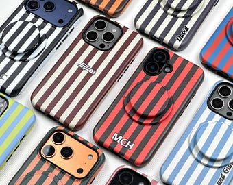 Custom Striped Phone Case MagSafe Compatible Personalized Name Monogram iPhone Case Matching Phone Grip Stand Unique Gift For Her Him