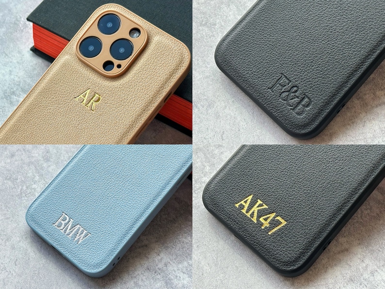 May include: Four different phone cases with personalized initials. The cases are made of leather and come in a variety of colors, including black, blue, and gold.
