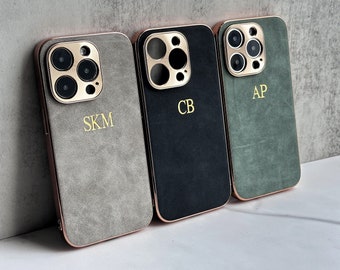 Custom Embossed Phone Case - Personalized Sude Leather Case for iPhone 15, 14, 13, 12, 11, Pro, Max, Monogram iPhone Case