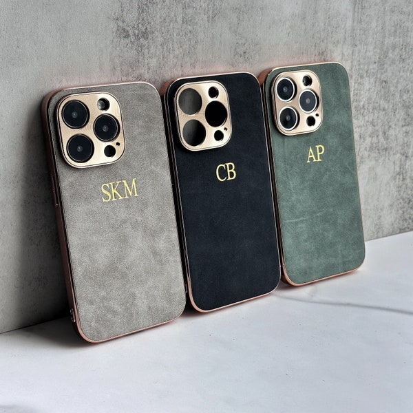 Custom Embossed Phone Case - Personalized Sude Leather Case for iPhone 15, 14, 13, 12, 11, Pro, Max, Monogram iPhone Case