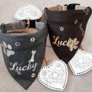 首輪付き犬用バンダナ 5 サイズ調節可能 グレー/シルバーまたはブラウン/ゴールド ネームクロス刺繍入り ネッカチーフ チェック犬用バンダナ