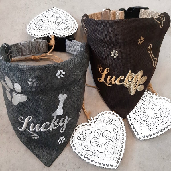 Bandana pour chien avec collier réglable en 5 tailles gris/argent ou marron/or brodé avec nom foulard en tissu bandana pour chien à carreaux