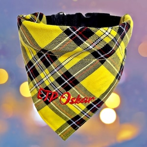 Dog bandana with collar personalized adjustable Scottish check yellow optionally embroidered with name cloth neckerchief checked dog bandana