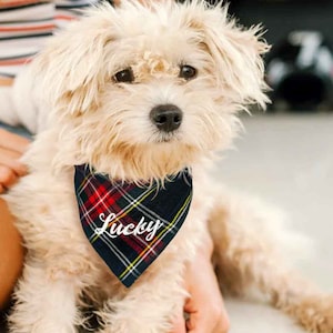 Dog bandana with collar personalized adjustable Scottish check black optionally embroidered with name cloth neckerchief checked dog bandana
