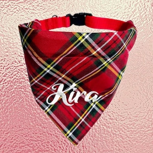 Dog bandana with collar personalized adjustable Scottish check red optionally embroidered with name Checkered dog bandana