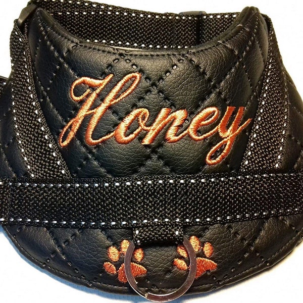 Dog harness personalized S M L XL XXL with desired name embroidered faux leather black copper dog harness