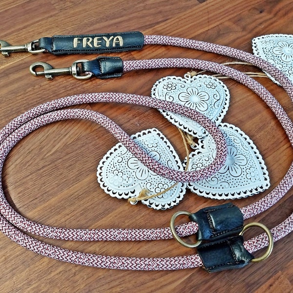 2 m dog leash personalized Tauleine double carabiner adjustable embroidered faux leather Vegan dog leash antique brass