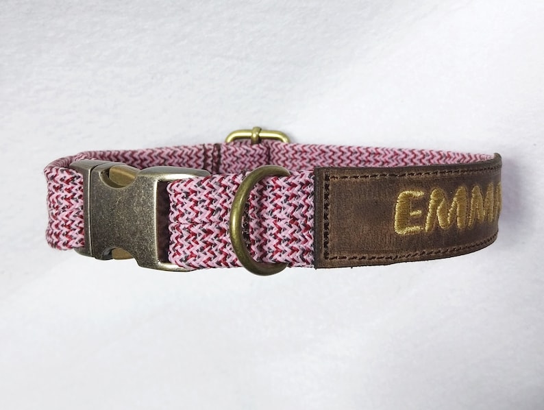 Personalized collar dew collar flat embroidered adjustable individually antique brass genuine leather dog collar 7 colors Rosa meliert