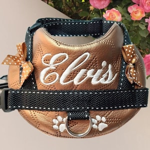 Pode incluir: Arnês de cachorro personalizado em tons de marrom e preto, com o nome "Elvis" bordado em branco. O arnês tem uma textura acolchoada, uma alça preta e um anel em D de metal. Laços decorativos com bolinhas brancas adicionam um toque lúdico.